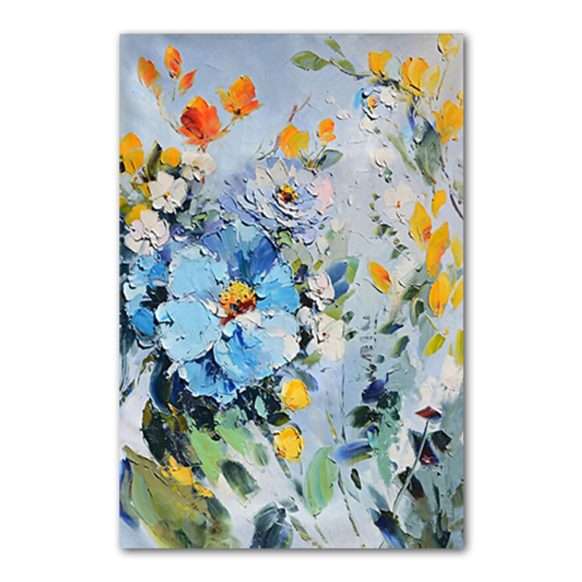 Blue Flower with Yellow Leaves 3d Heavy Textured Partial Oil Painting